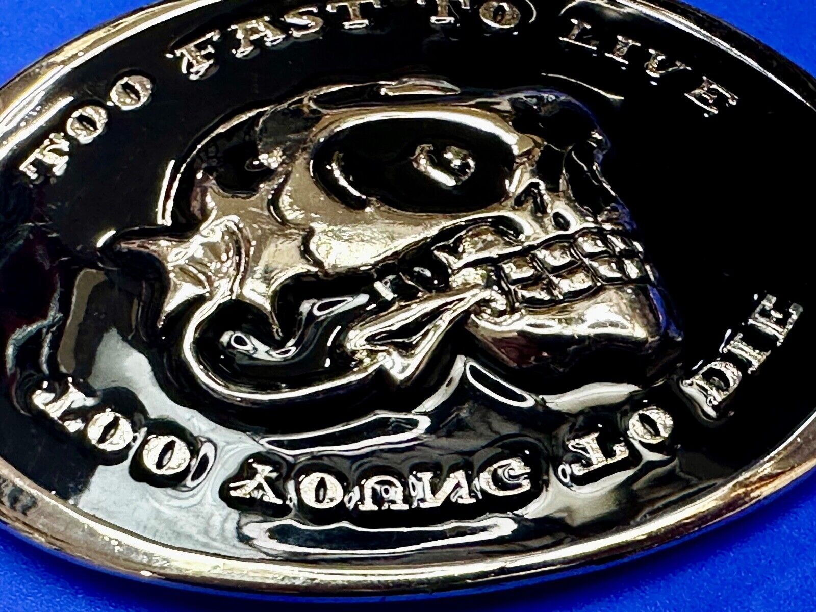 Too Fast to Live, Too Young to Die Skull black and silver tone Belt Buckle