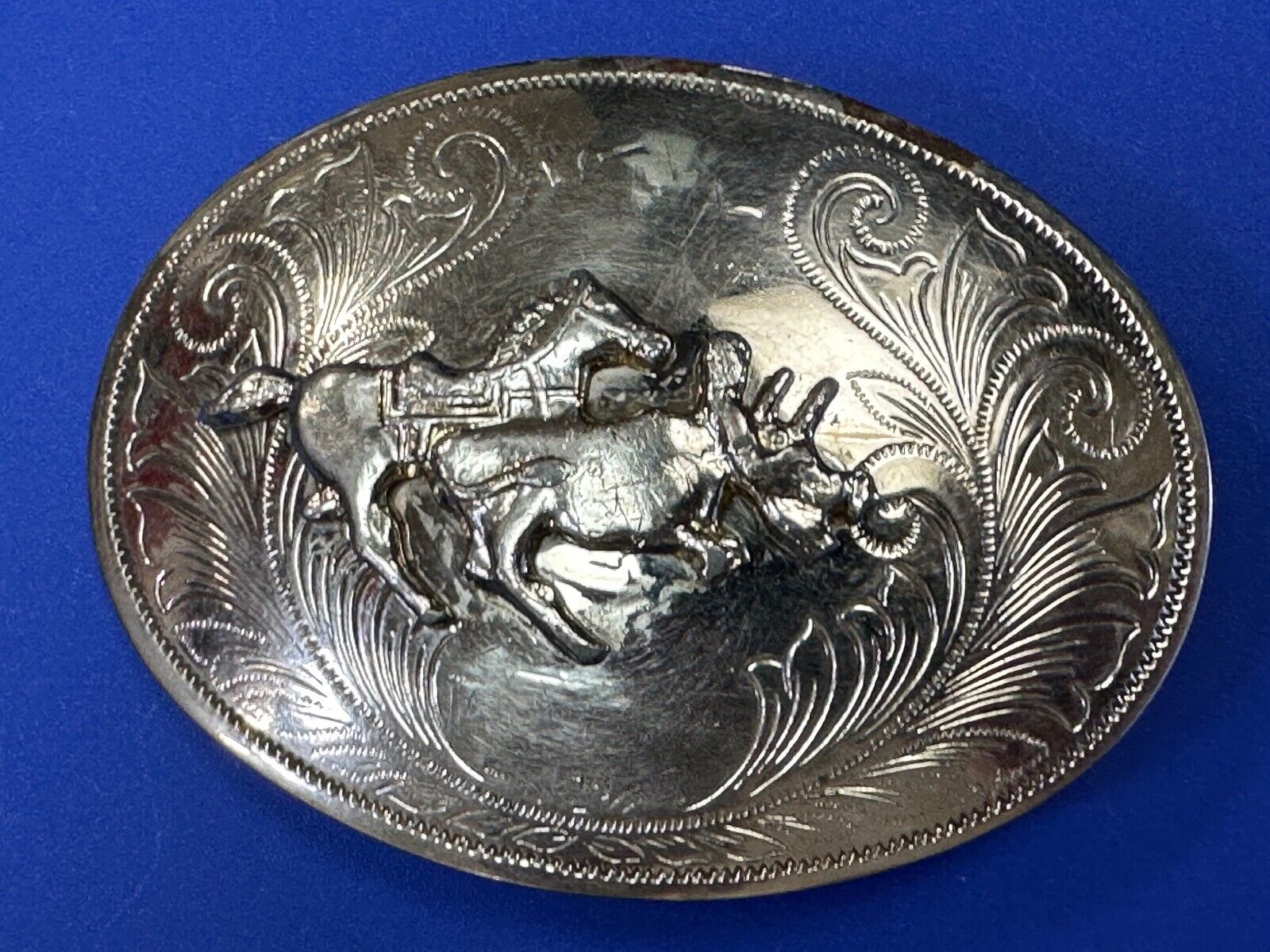Vintage Cowboy Saddle Bronc western silver tone belt buckle