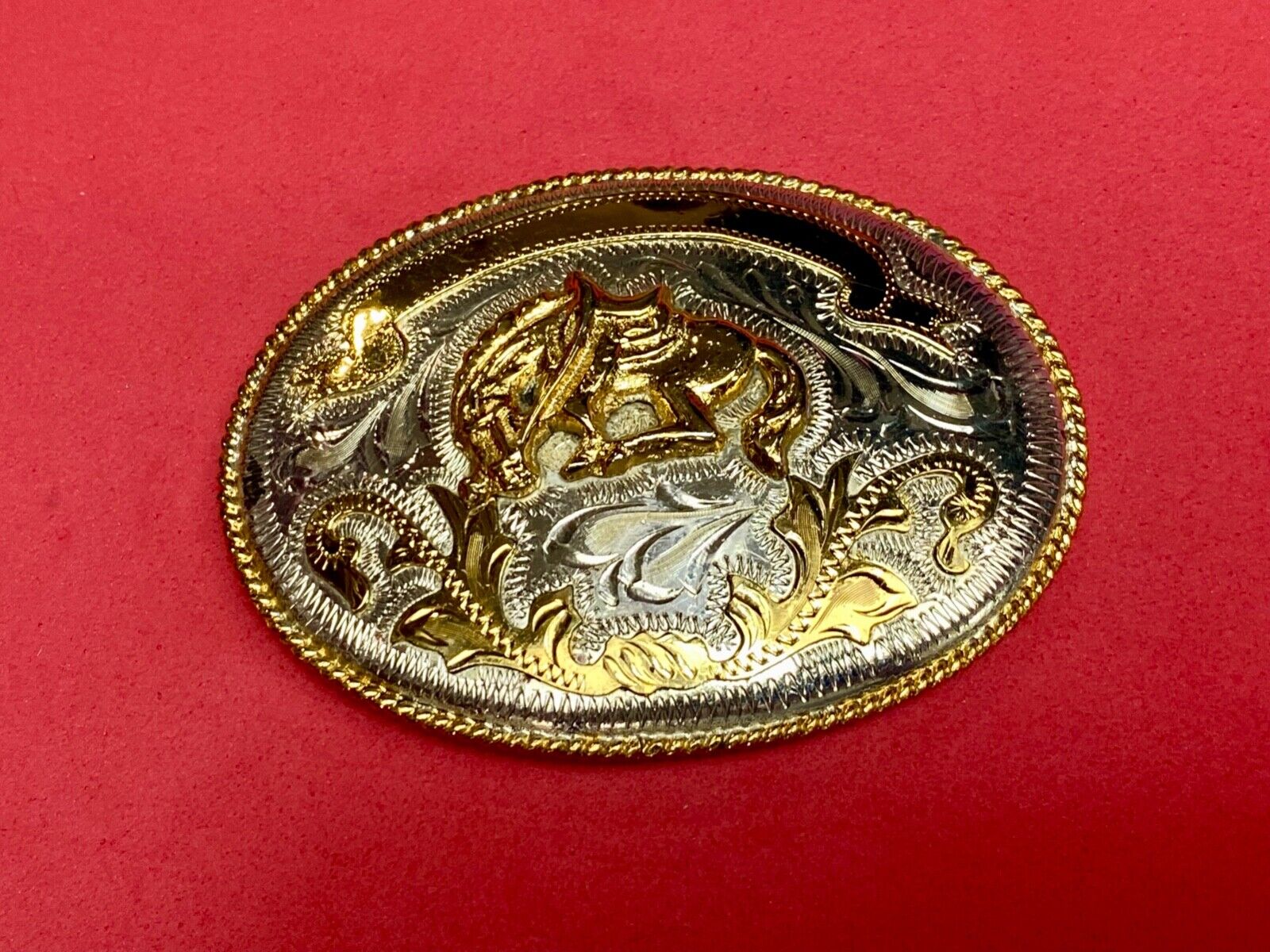 Vintage Horse w/ award ribbon scroll Alpaca Mexico Stamped western belt buckle