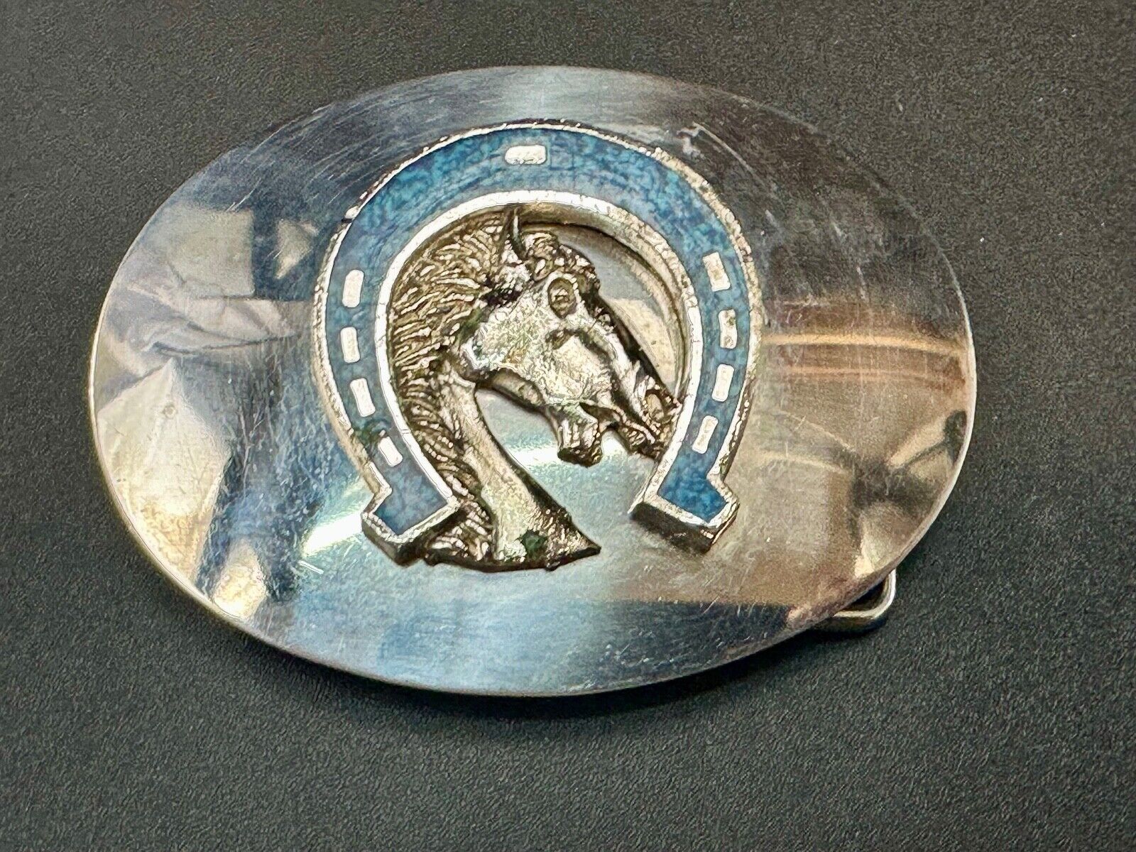 Vintage horse head bust in turquoise chip horseshoe on western belt buckle