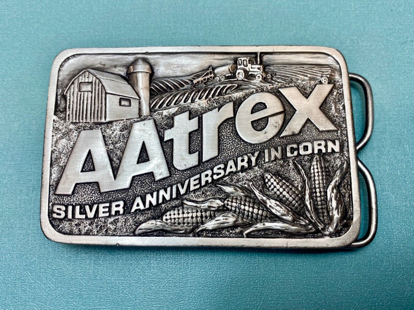 AAtrex Silver Anniversary in Corn Belt Buckle 3.5" Herbicide Farming Farm Barn