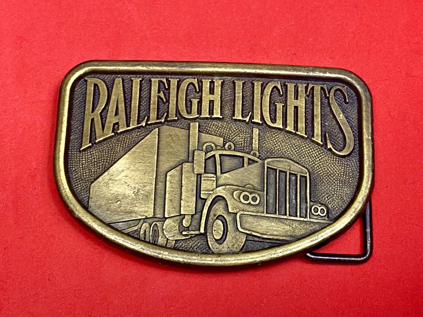 1970s Vintage Raleigh Lights Semi Truck Trucker Brass Tone Belt Buckle by RJ