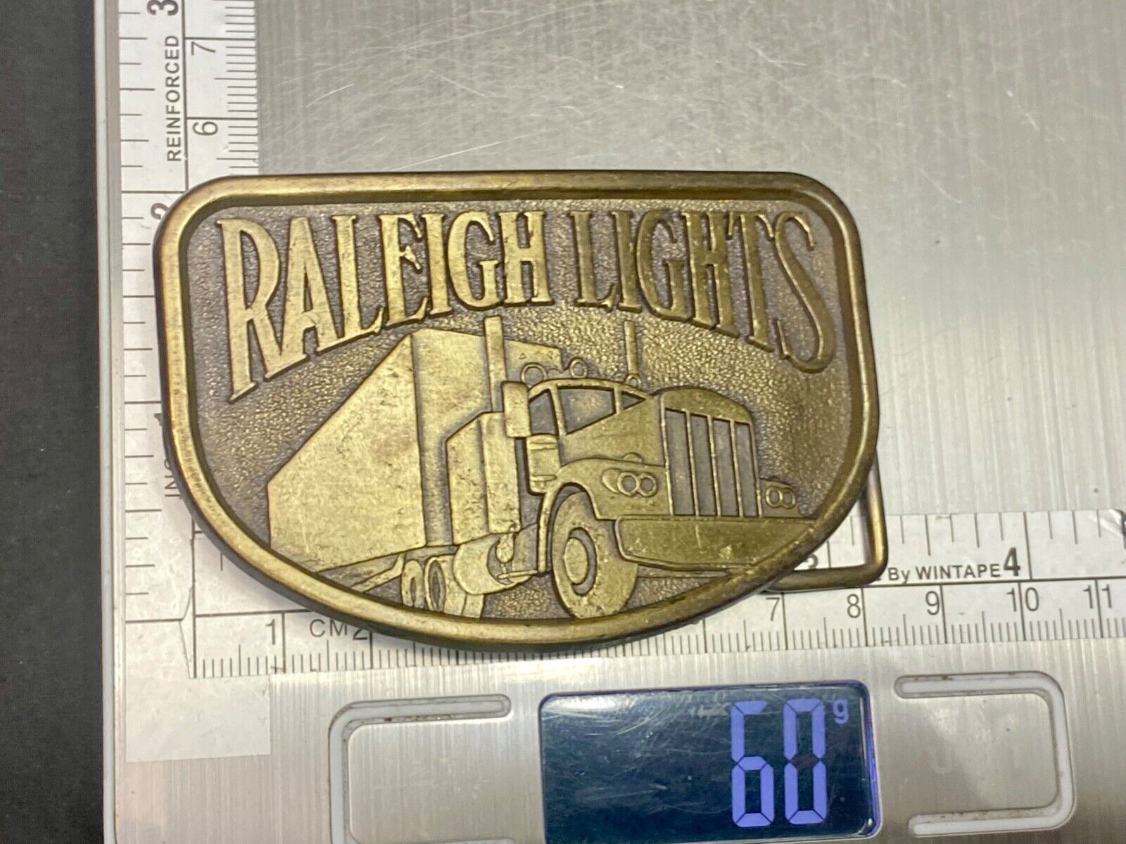 1970S Vintage Raleigh Lights Semi Truck Trucker Brass Tone Belt Buckle By Rj