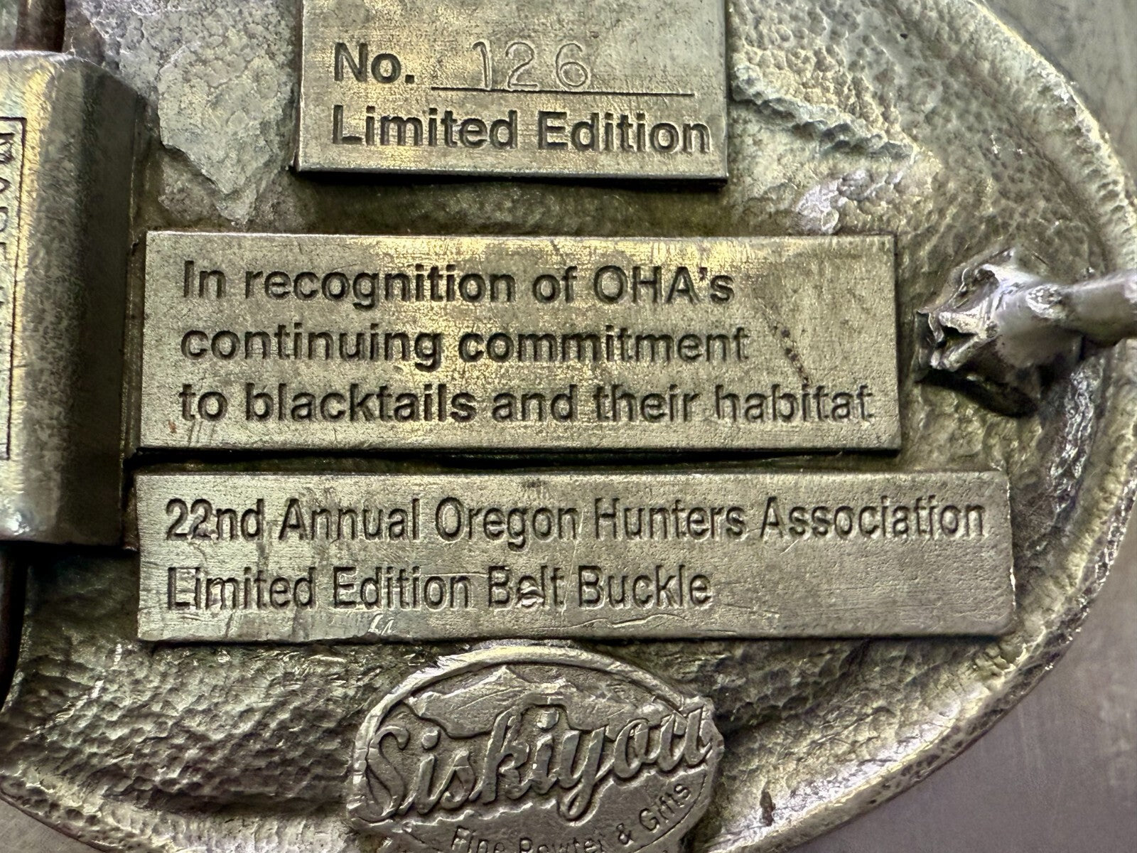 Annual Oregon Hunters Association Commemorative Pewter 2005 Siskiyou Belt Buckle