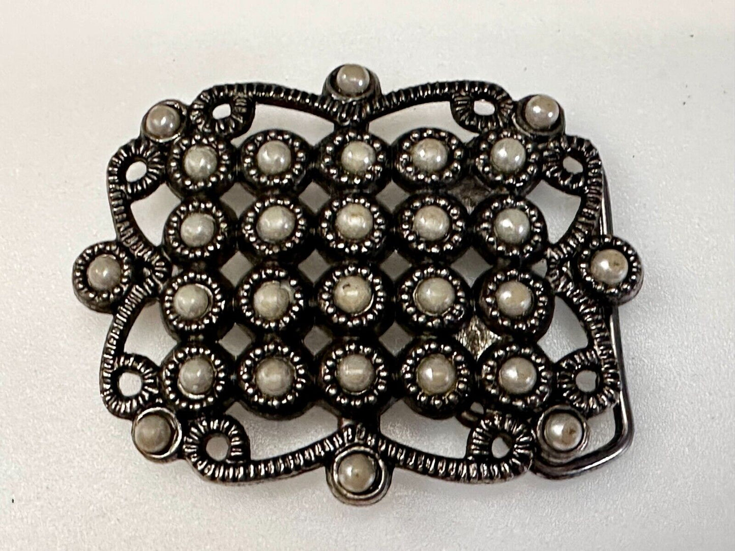 Victorian Style Faux Pearl Accented See-Trough Gray Metal Belt Buckle
