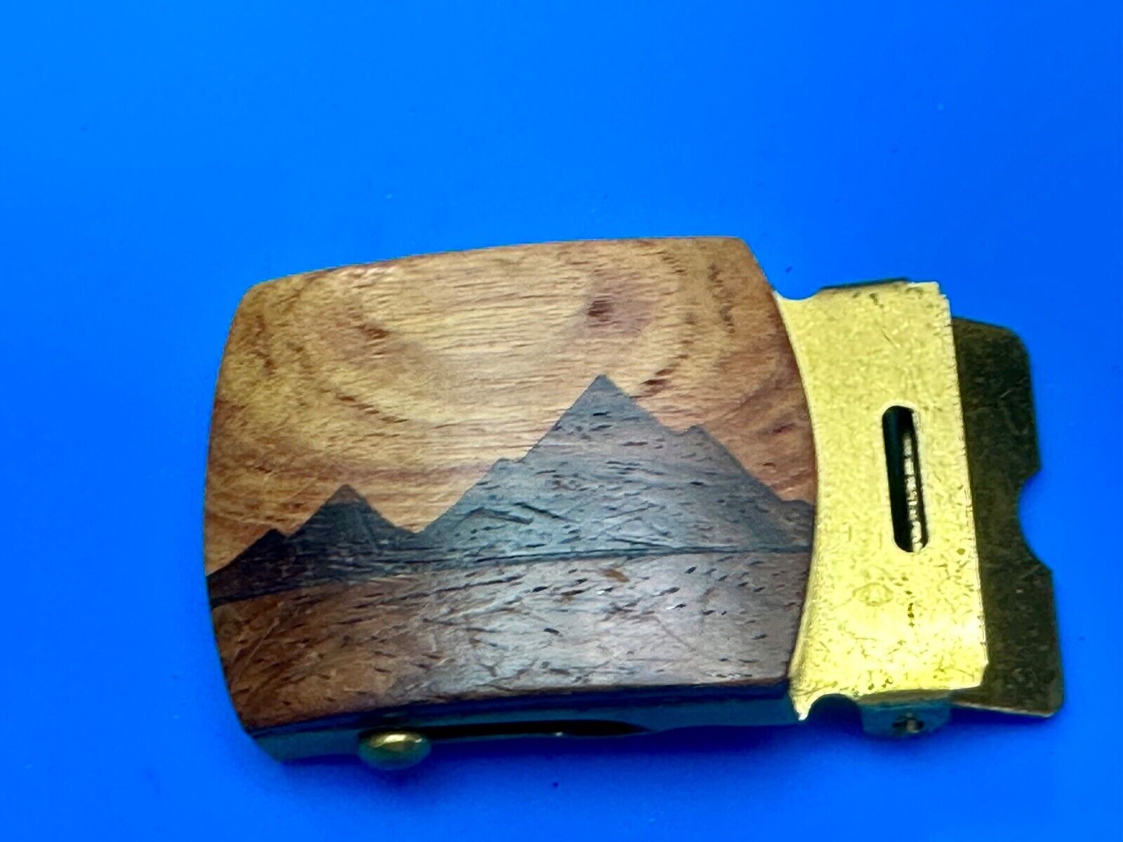 Artisan Mountain scene - Mixed Wood Top Solid Brass Ratchet Dress Belt Buckle