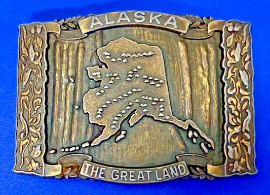 ALASKA The Great Land Vintage State Commemorative Brass Tone Vintage Belt Buckle