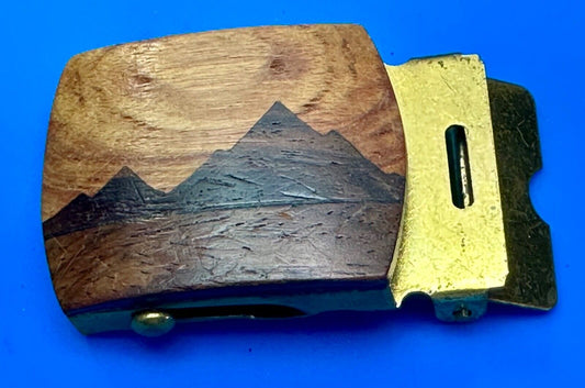 Artisan Mountain scene - Mixed Wood Top Solid Brass Ratchet Dress Belt Buckle