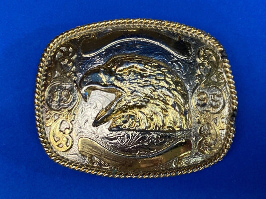 Vintage 1995 Mixed Metal Eagle Head Belt Buckle With Blank Award Ribbon Scroll 