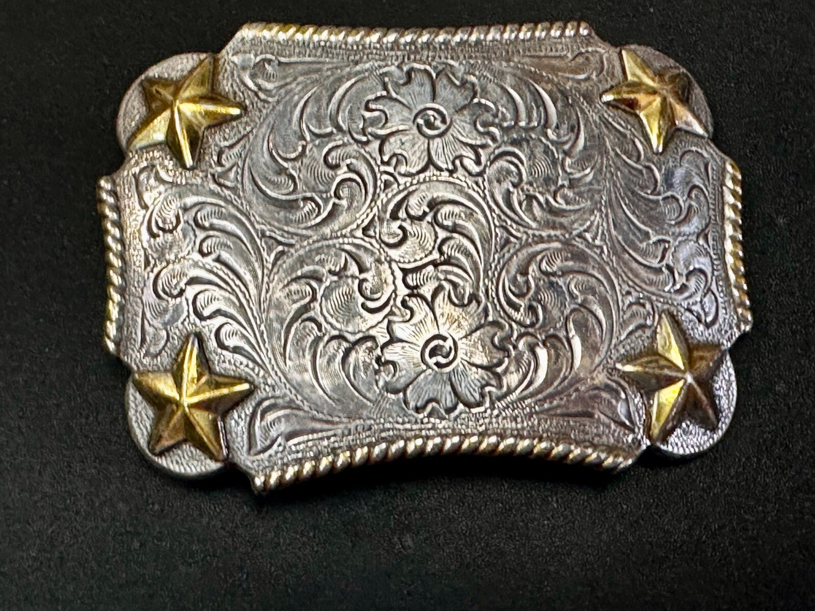 Texas Lone Star Corners Flower Swirl Ornate Western Two Tone Belt Buckle