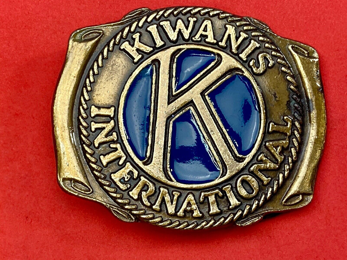 Vintage Kiwanis Club international blue enamel cut out belt buckle 