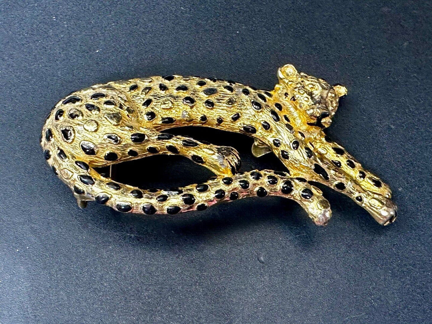 Vintage 1987 MIMI Di N Large Tiger Buckle Animal Gold Tone Black Enamel Spots