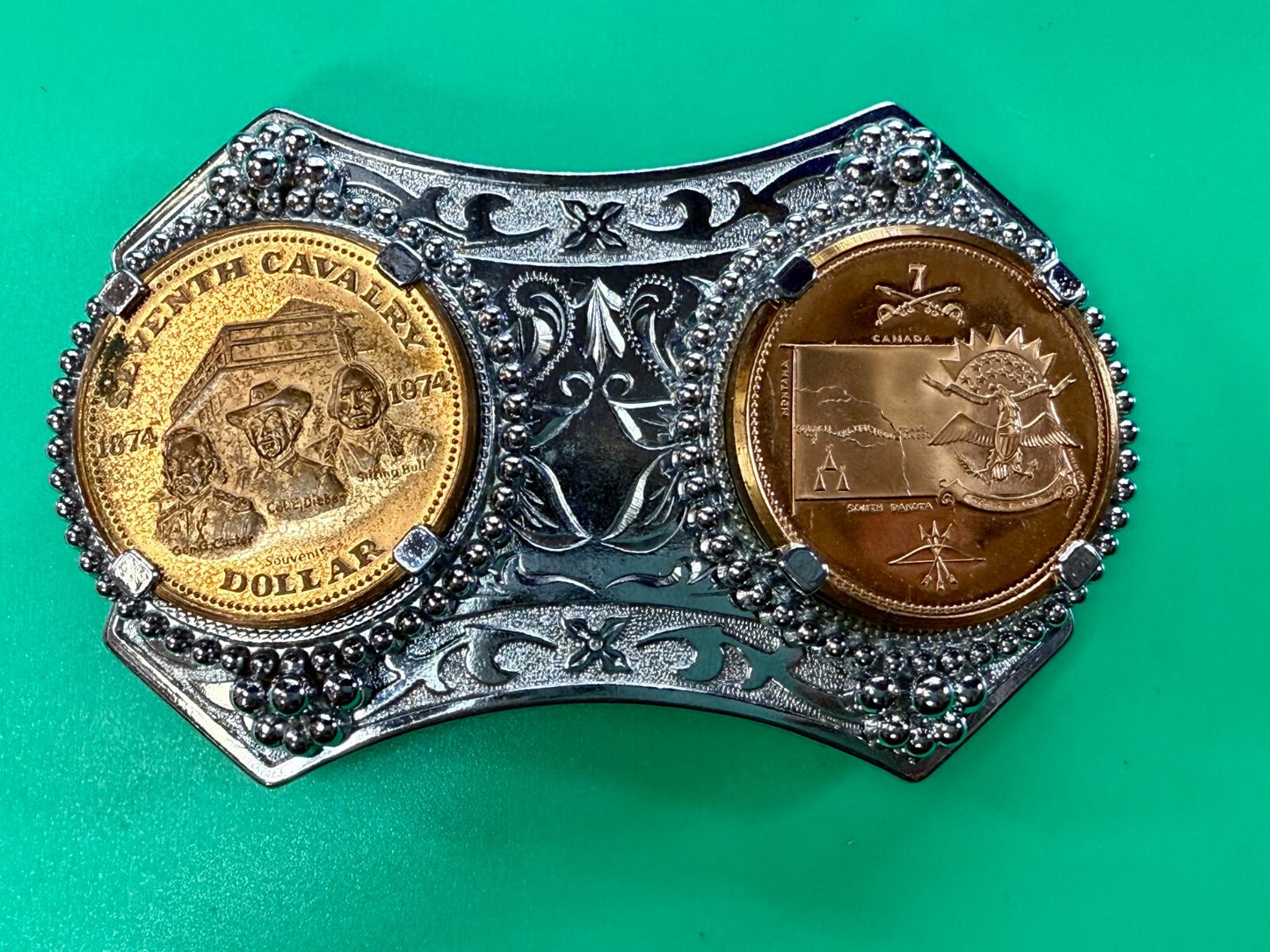Two Seventh Cavalry Tokens Medallions in Dual Coin Collectors Belt Buckle
