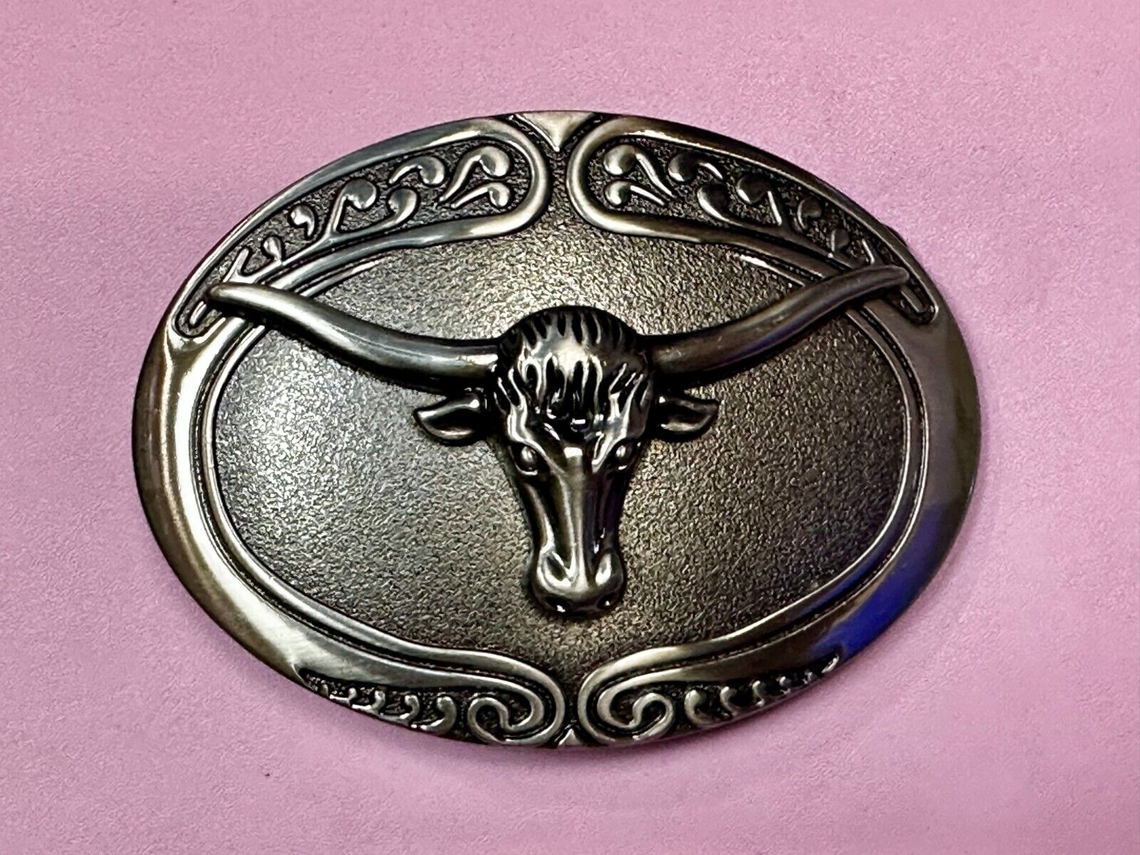 Texas Longhorn Steer Rodeo Bull Vintage Silver Tone Western Oval Belt Buckle