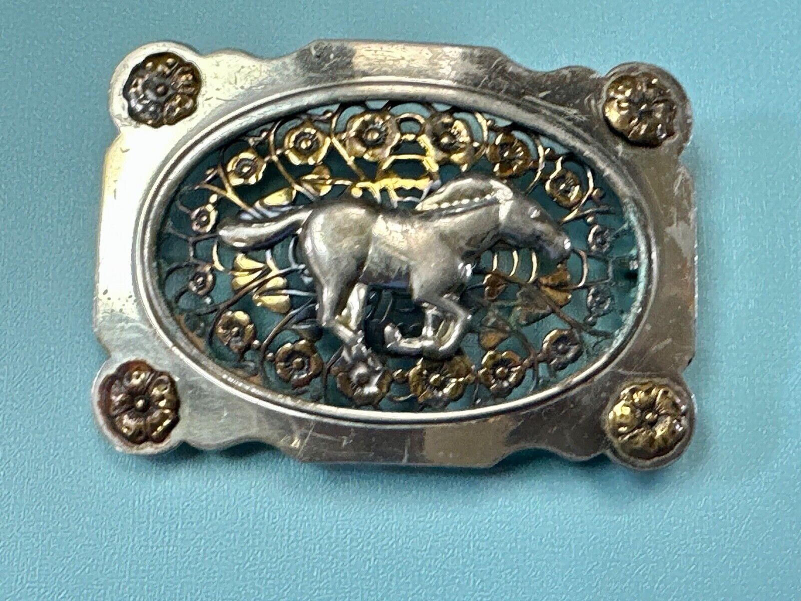 Unique Running Horse in ornate cutout see through vintage two tone belt buckle
