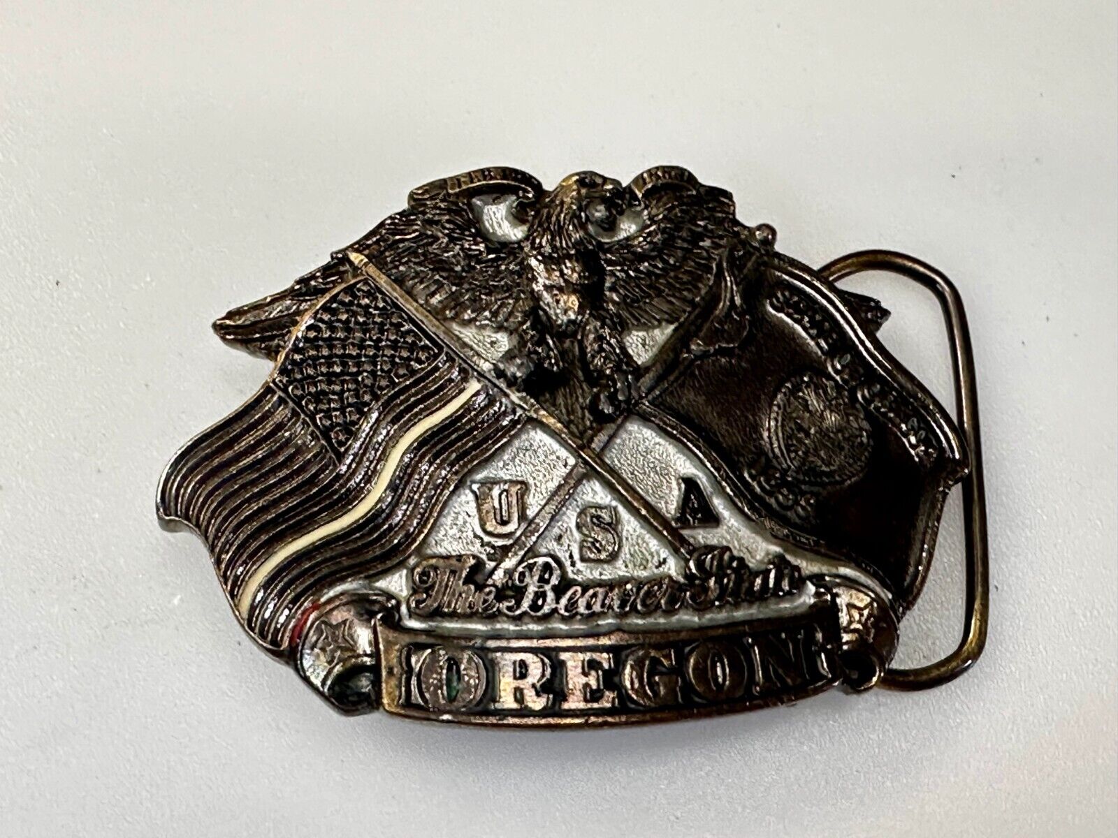 The Beaver State OREGON American Flag Eagle Seal 1987 Commemorative Belt Buckle