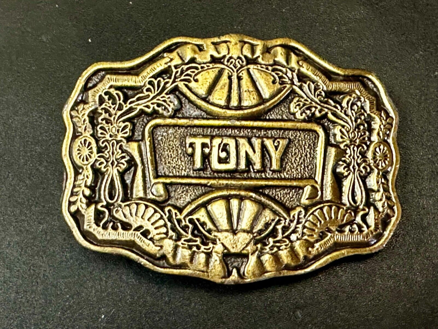 Tony Custom Name Western Framed  Flower Swirl Belt Buckle by ODEN Inc.