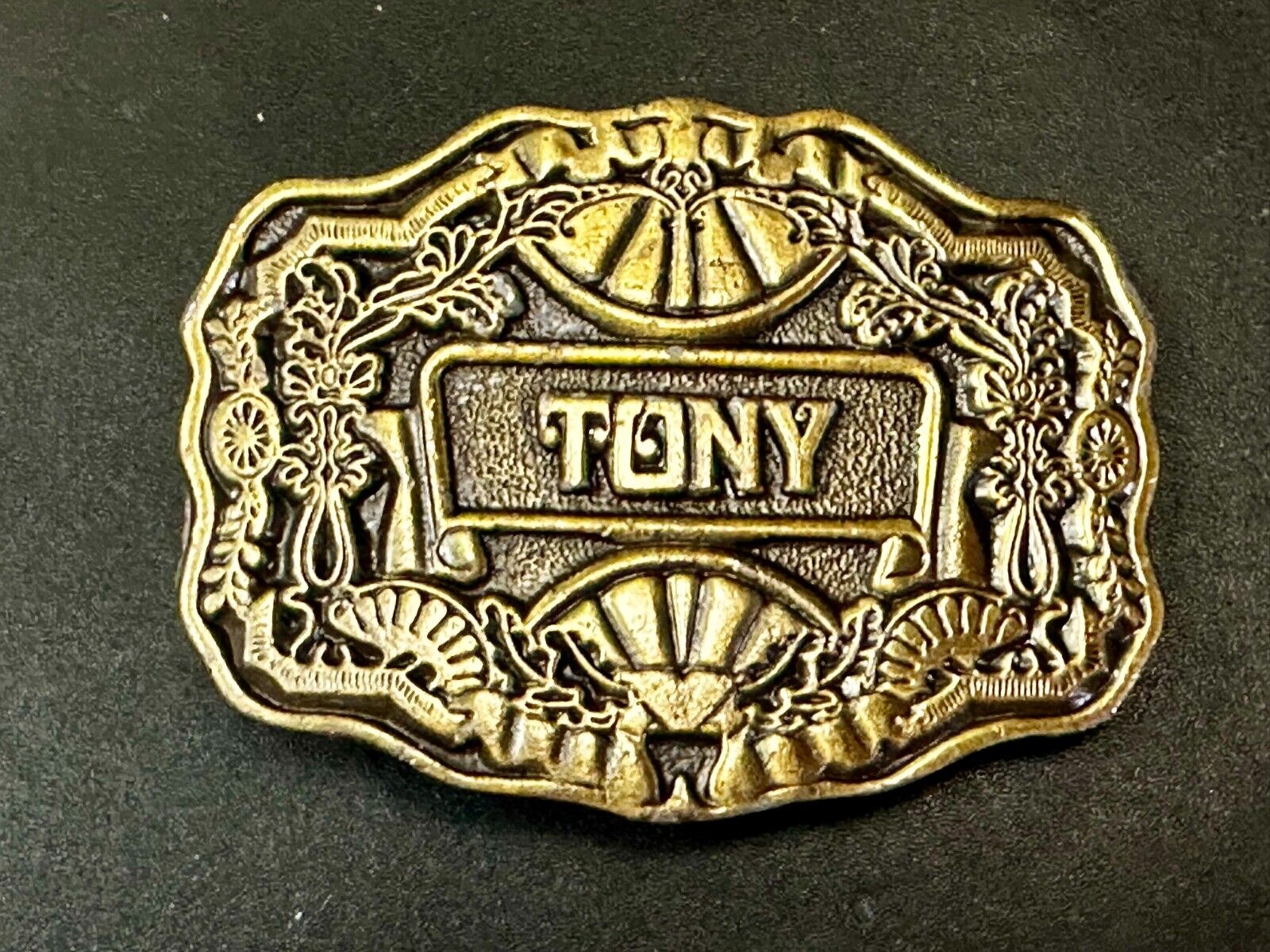 Tony Custom Name Western Framed  Flower Swirl Belt Buckle by ODEN Inc.