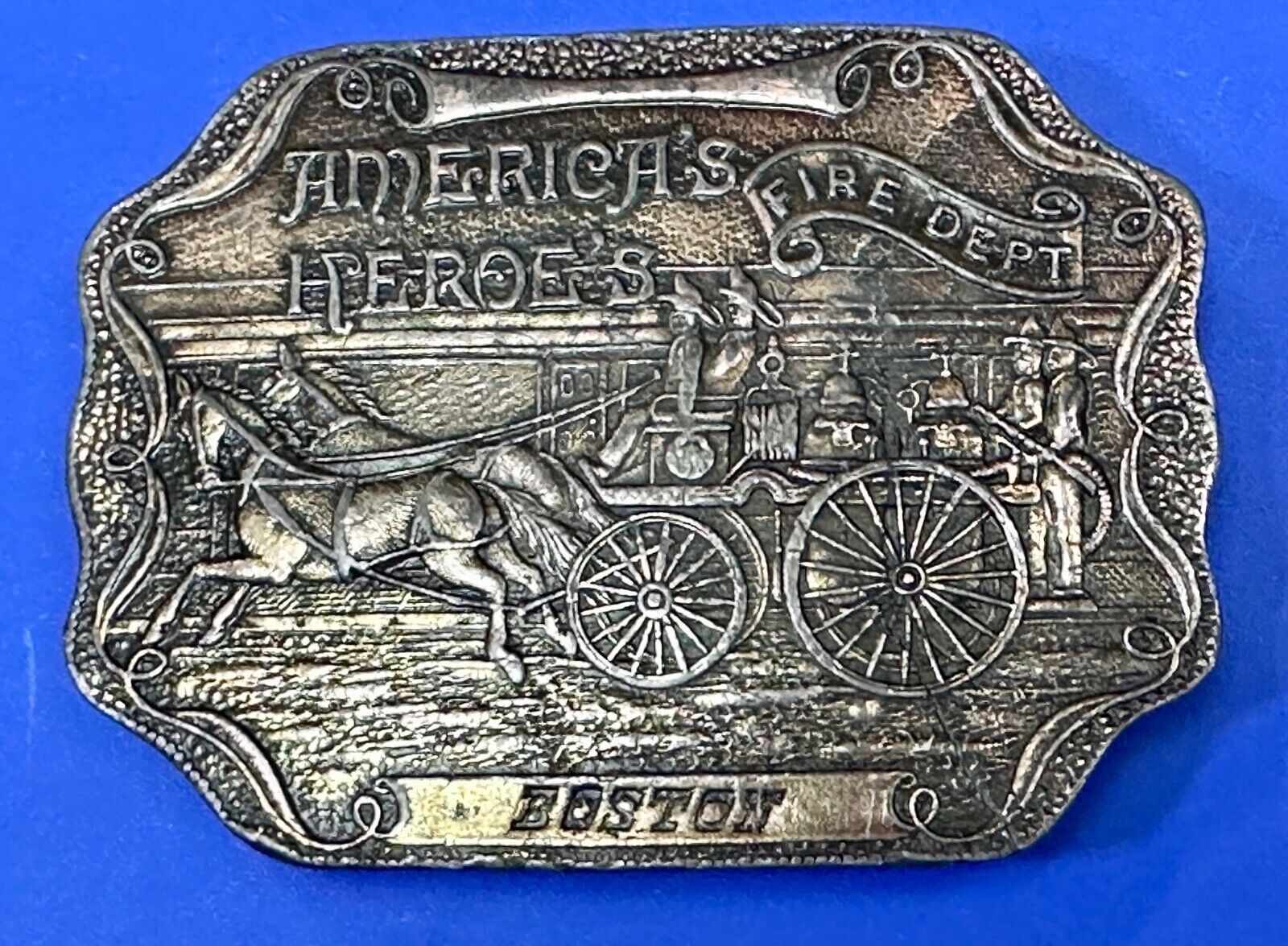 America's Heroes Fire Dept Boston Brass Tone Belt Buckle Horse Wagon