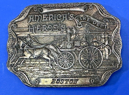 America's Heroes Fire Dept Boston Brass Tone Belt Buckle Horse Wagon