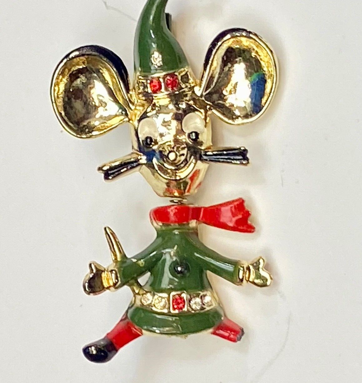 Vintage Jumping Mouse Brooch Pin by BEATRICE Red Green Enamel on GP Signed BJ