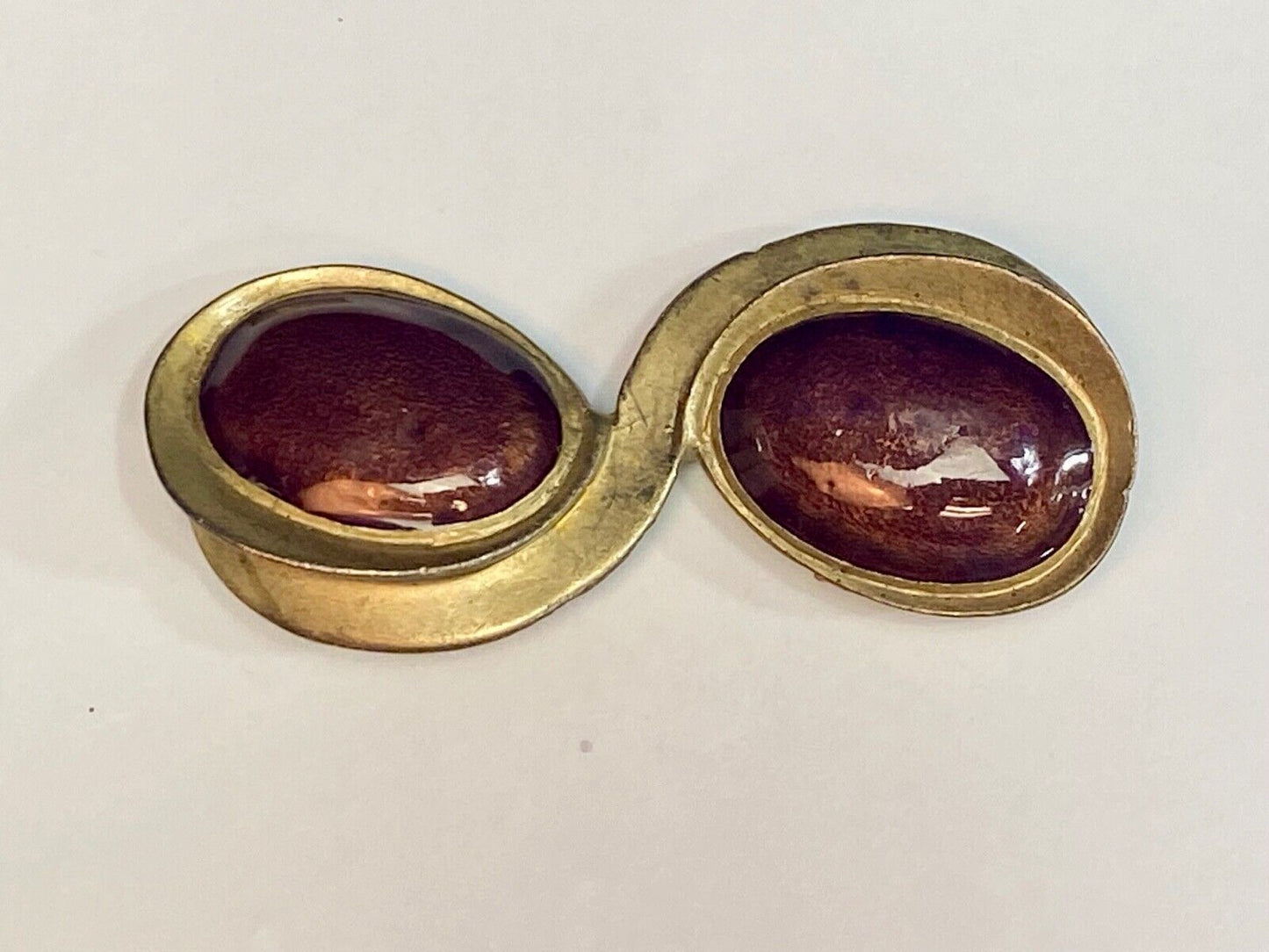 Vintage ELLE Brooch Pin Gold Tone Double Swirl w/ Two Deep Red Cabuchon Stones