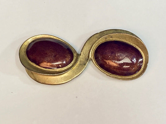 Vintage ELLE Brooch Pin Gold Tone Double Swirl w/ Two Deep Red Cabuchon Stones