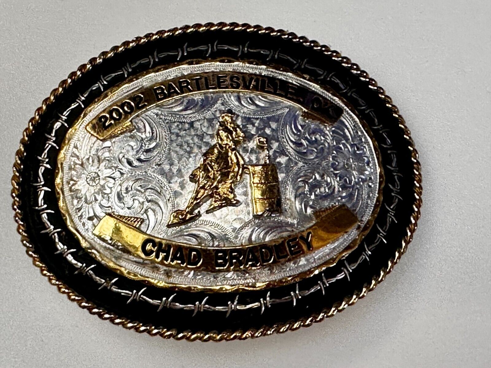 2002 Bartlessville OK Rodeo Trophy Chad Bradley Montana Silversmiths Belt Buckle