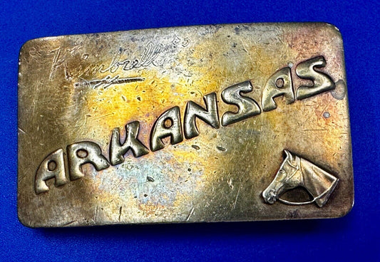 ARKANSAS State Horse Head BrassTone Commemorative Vintage Belt Buckle