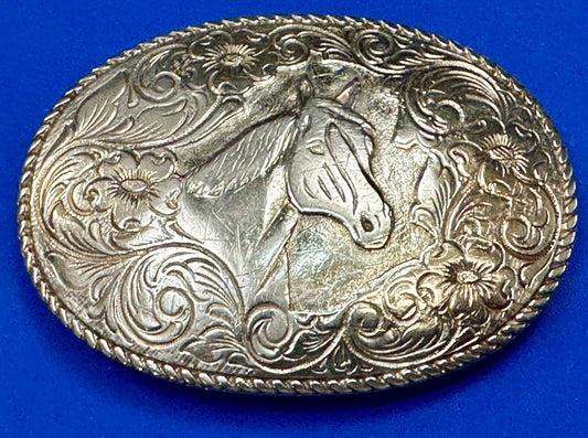 Beautiful large ornate HORSE BUST HEAD on engraved flower swirl belt buckle