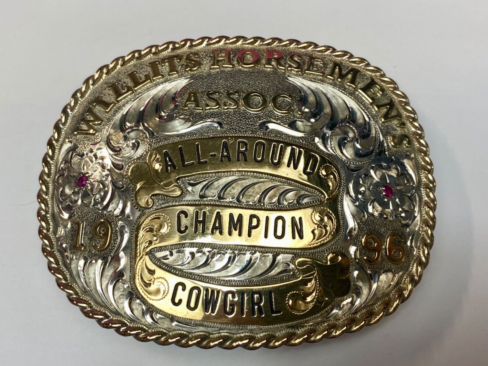 All Around Champion Cowgirl Willits Horsemen's Assoc 96 Trophy belt buckle by Gj