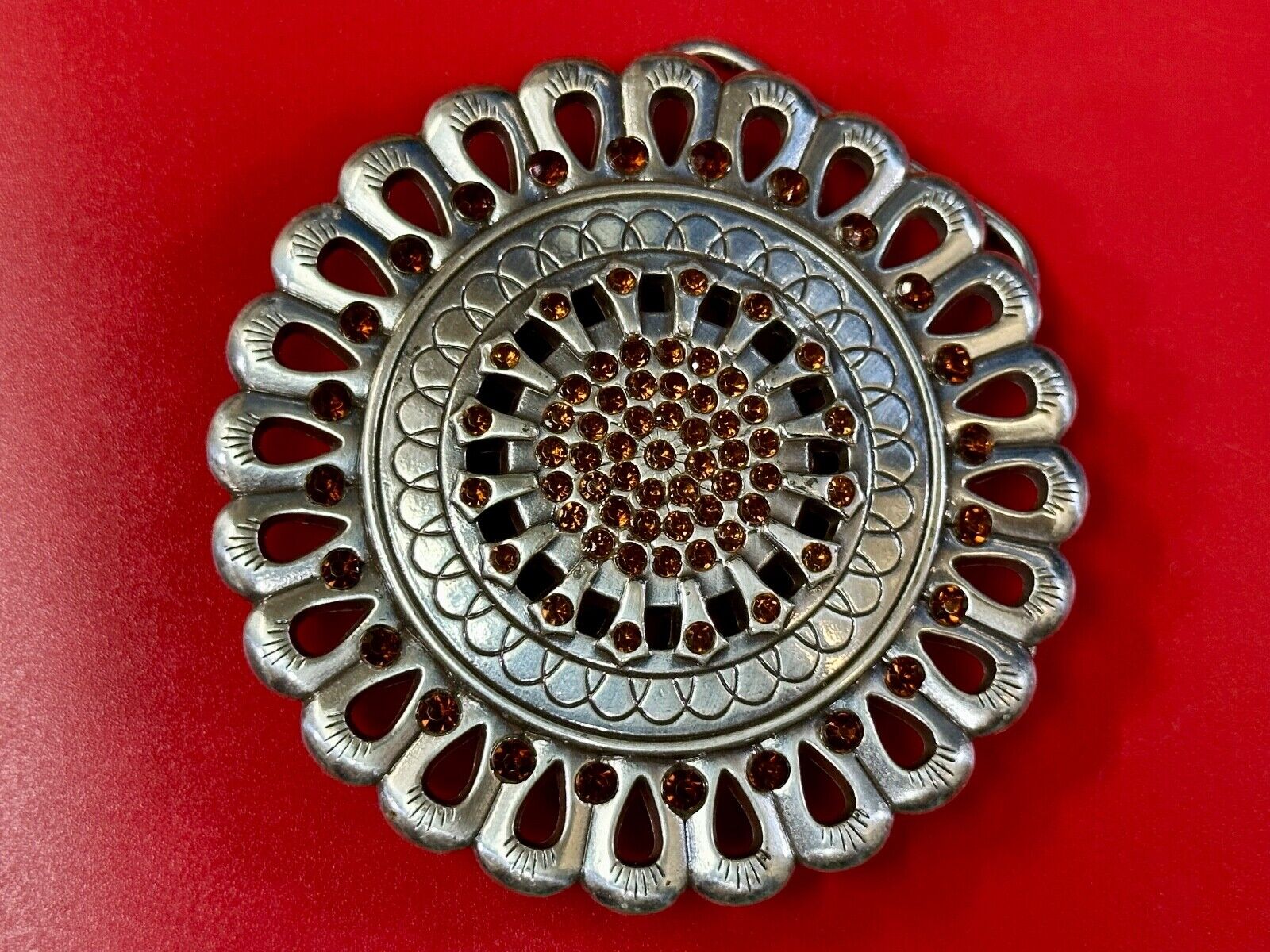 Vintage Flower shaped silver tone red rhinestone accented belt buckle