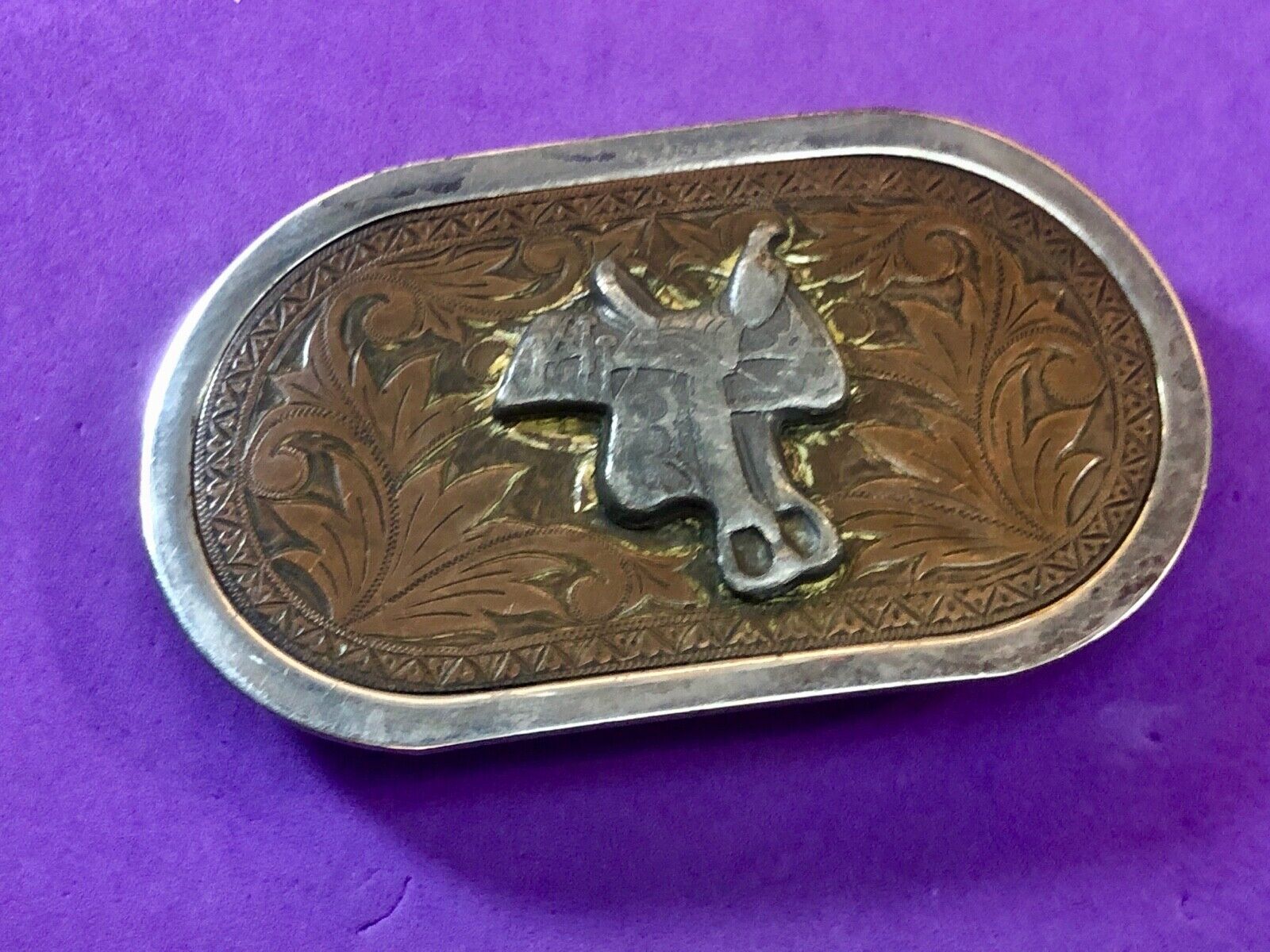 Vintage Horse saddle western belt buckle Nickel plate 