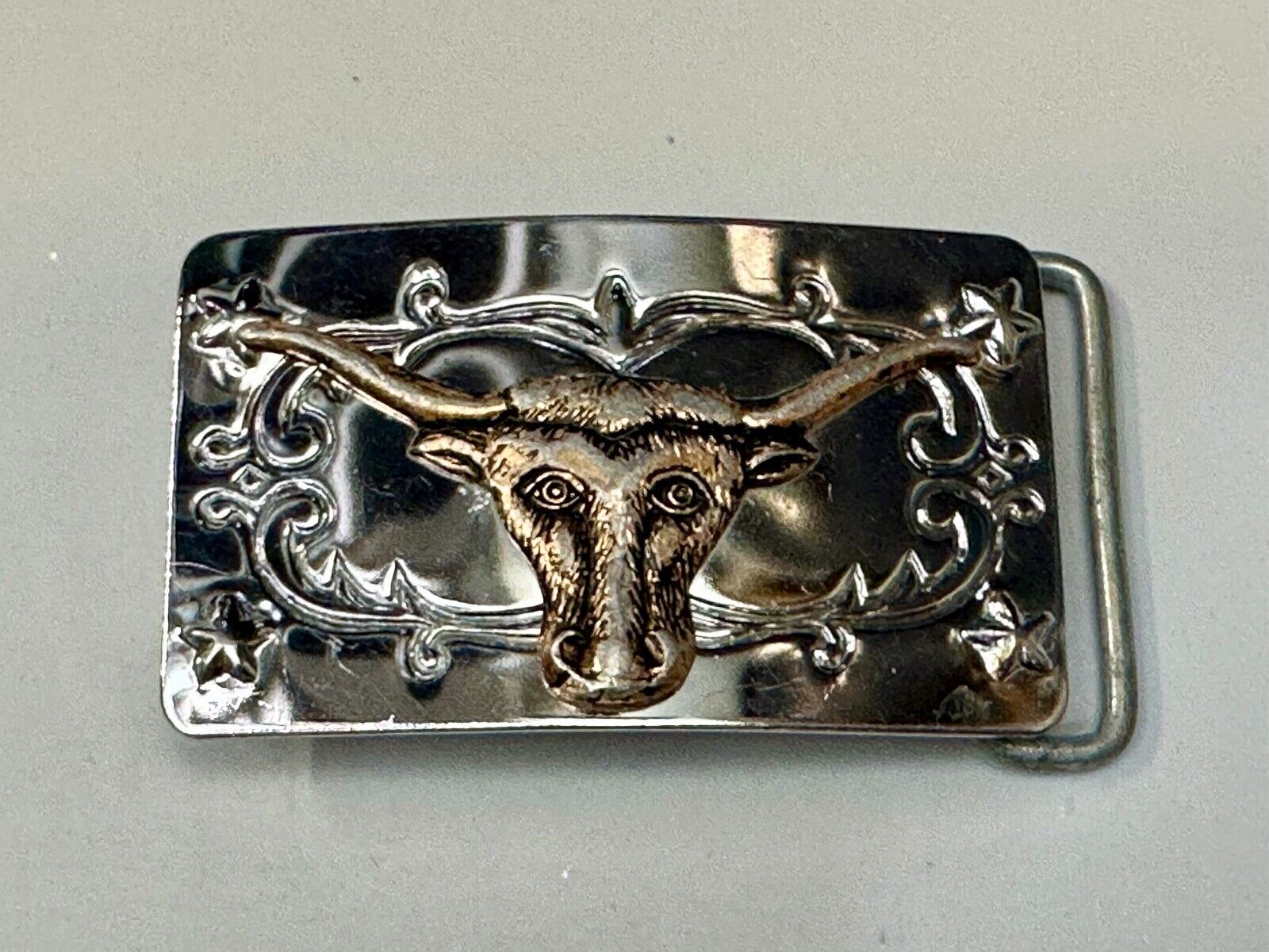 Texas Longhorn Cow Steer on Vintage two tone reflective western Belt Buckle