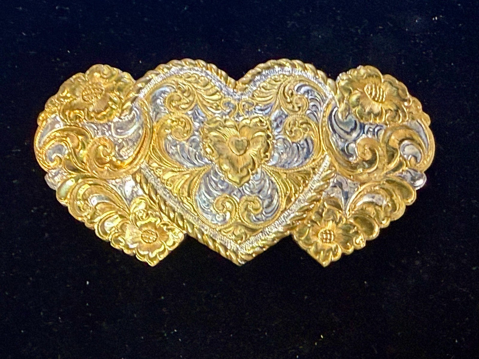 Triple Heart Shaped Heavy Silver Plate on Jewelers' Bronze Crumrine Belt Buckle