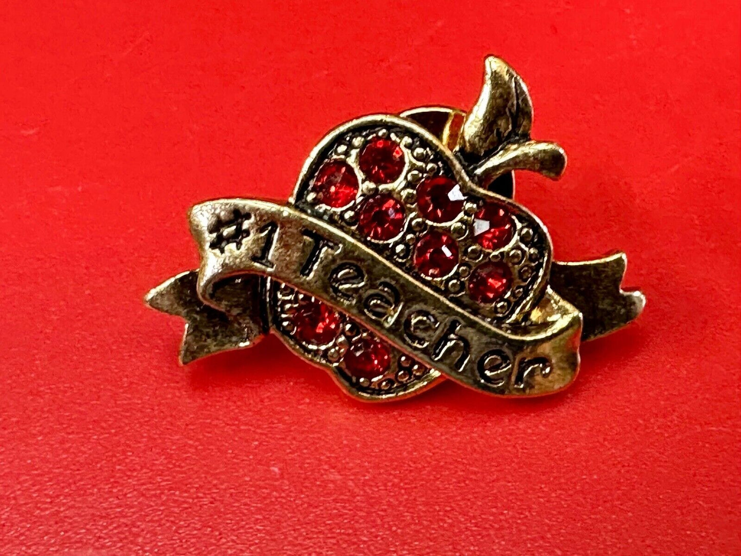 Apple Brooch Pin #1 Teacher Red Rhinestone Avon signed gold tone brooch