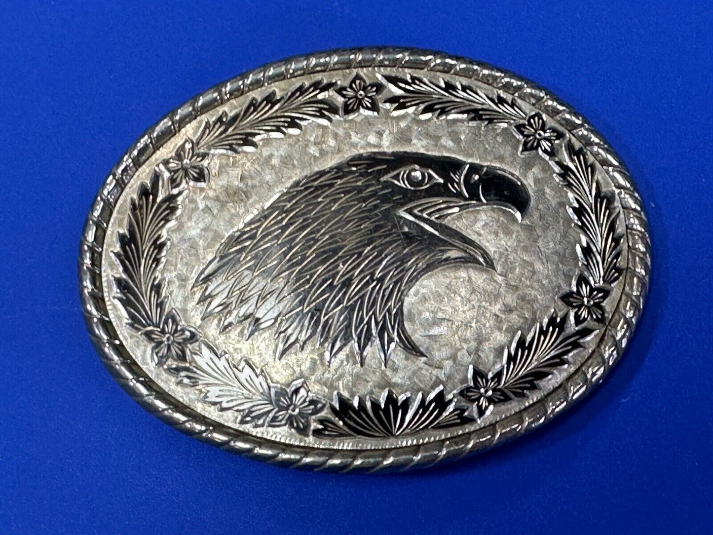 American Bald Eagle Bust profile, silver tone Etched belt buckle W Makers Mark