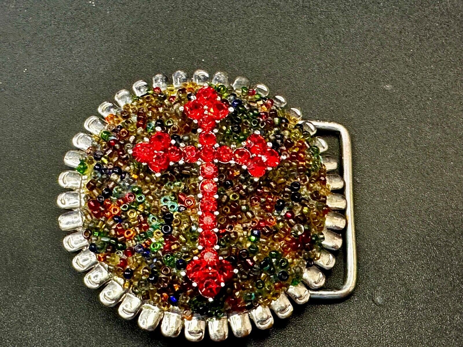 Artisan Religious Red Cross Rhinestone Covered Unique Round Chunky Belt Buckle