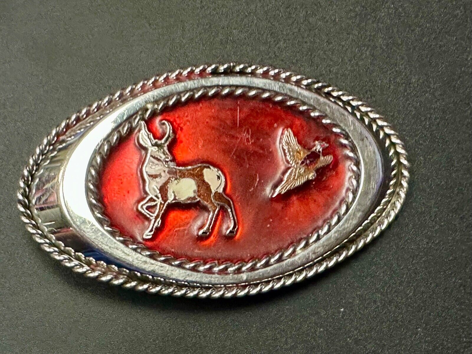 Vintage Artisan Hunters Deer and Quail oval western belt buckle