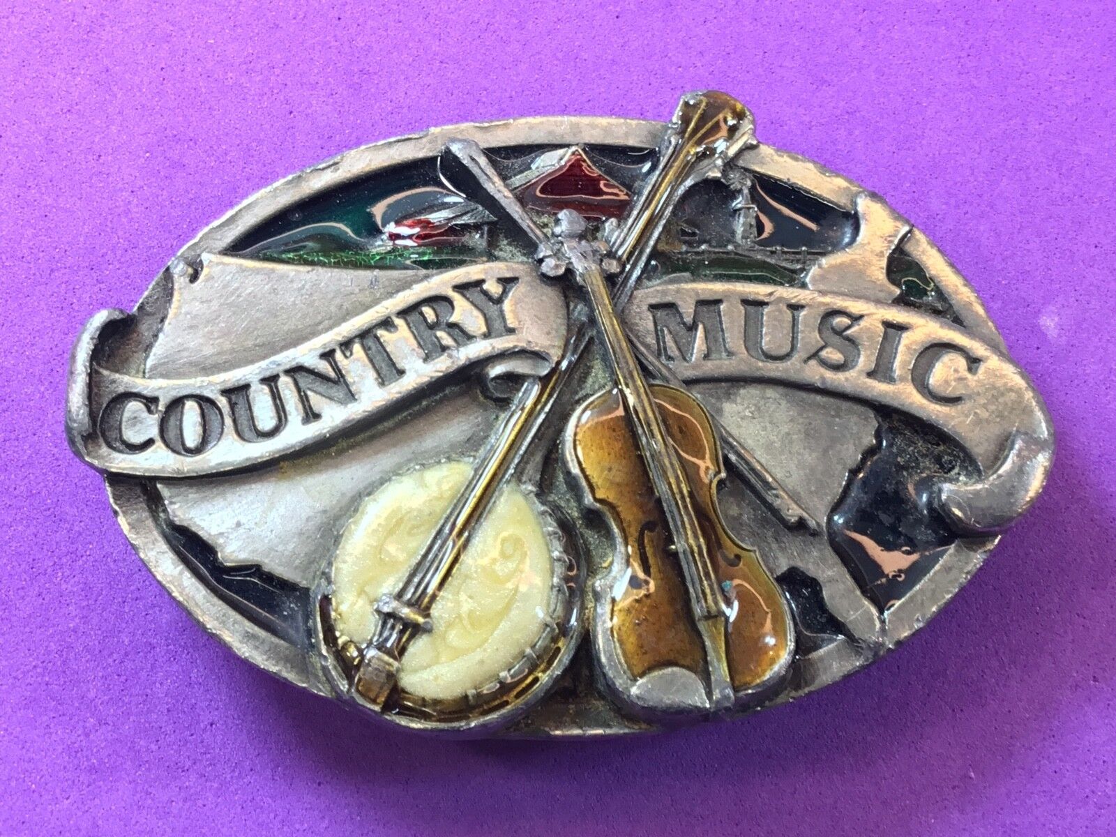 Vintage enamel  COUNTRY MUSIC tribute E-29  Pewter Belt Buckle     