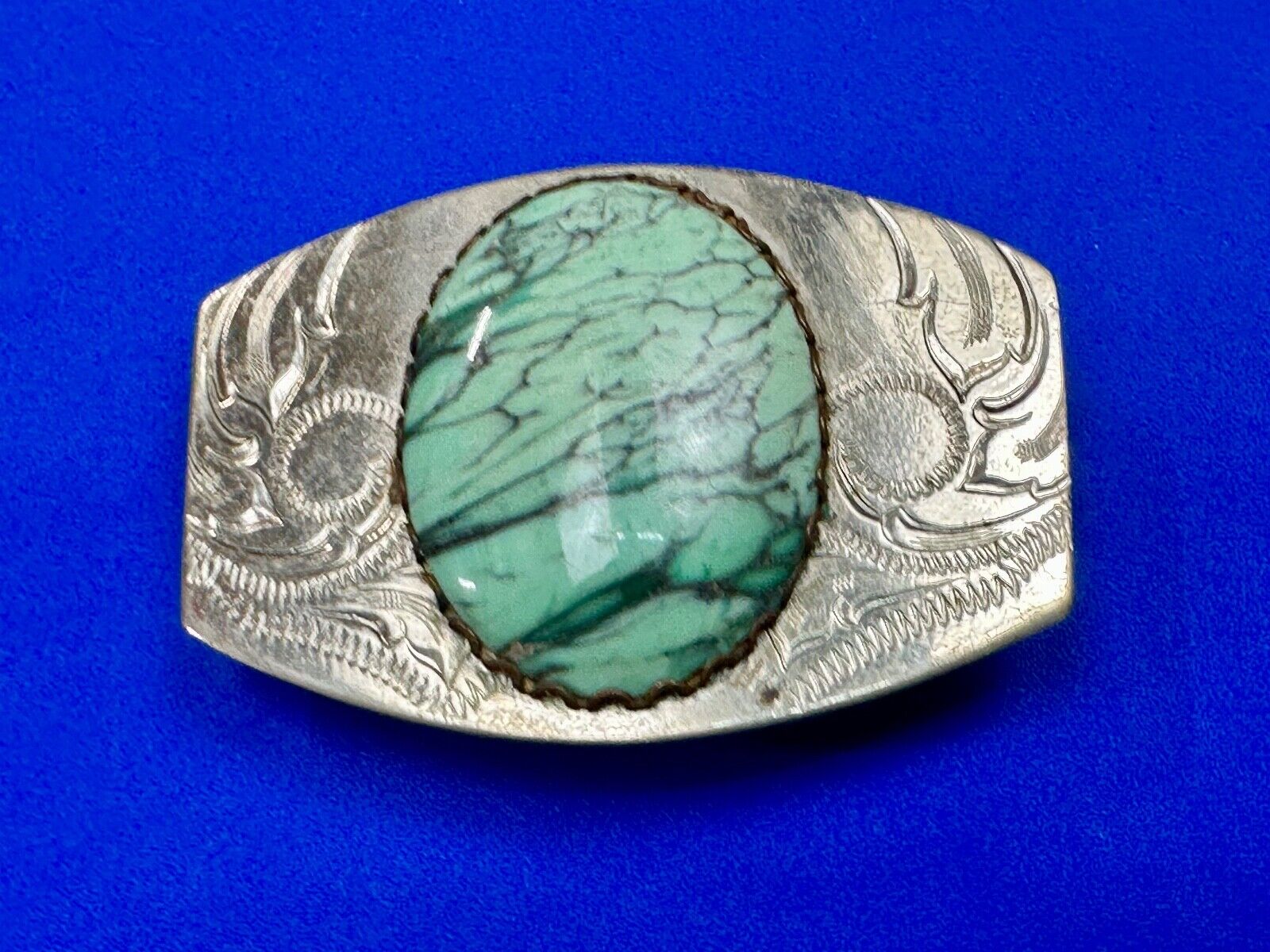 Variscite? Green  Gem Stone Cabochon Centerpiece on Nickel Silver Belt Buckle