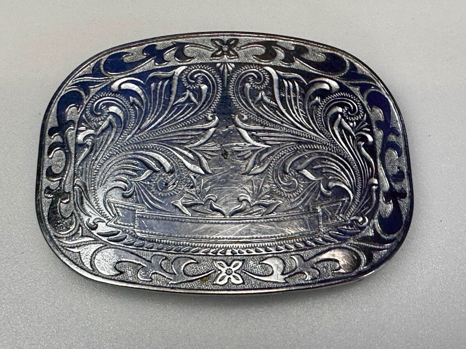 Award Ribbon Scroll To Engrave Western Flower Swirl Design Vintage Belt Buckle