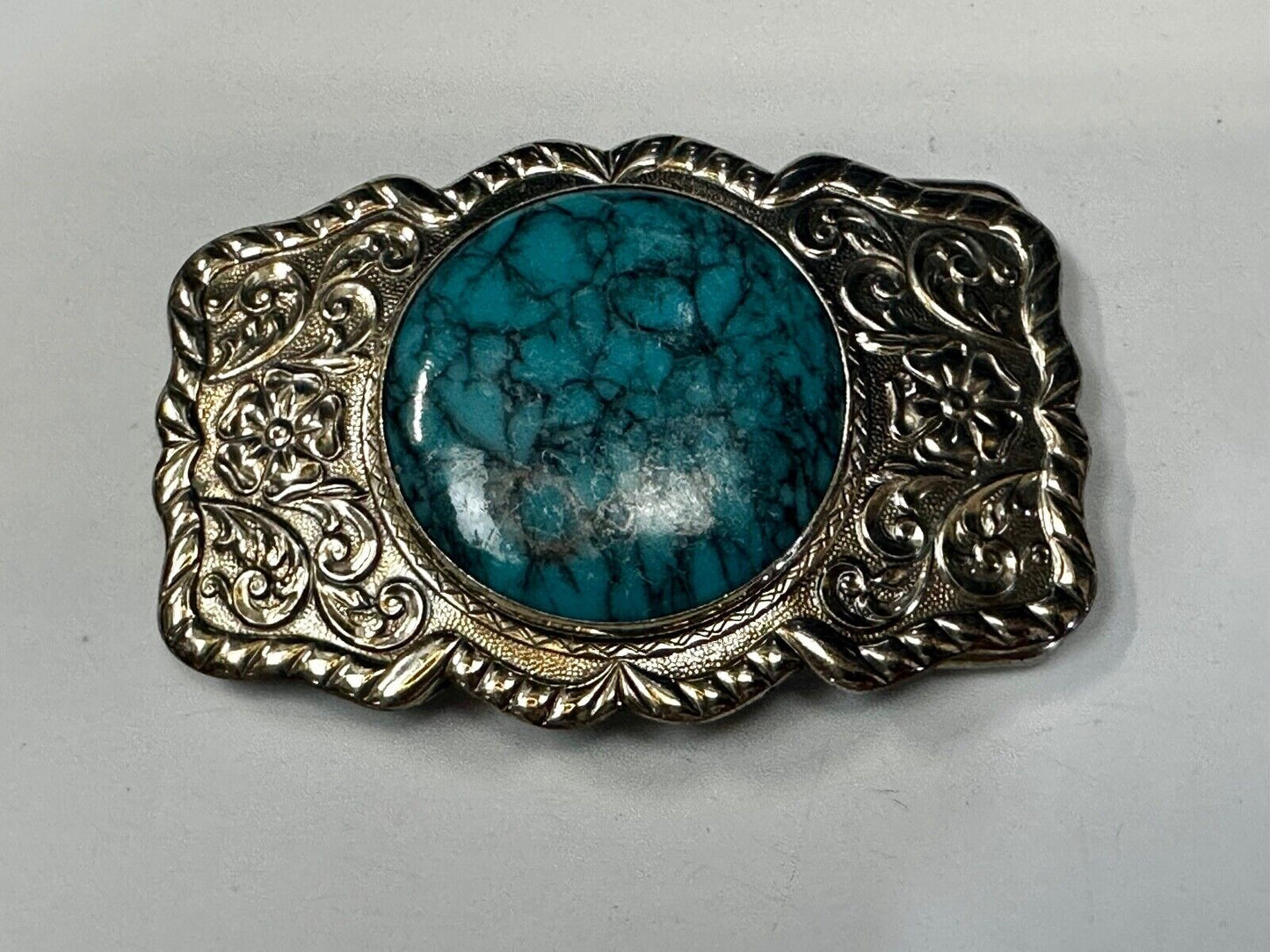 1960s Bell Trading Post Nickel Silver W/ Round Simulated Turquoise Belt Buckle