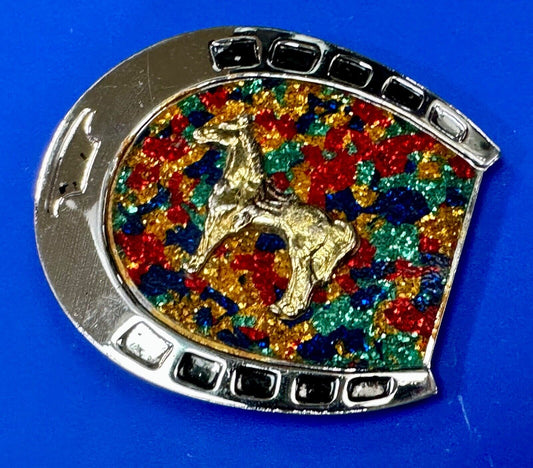 Vintage Lucky horseshoe Artisan belt buckle filled Multi colors standing horse