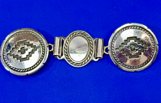 Antique 900 Silver three piece 5" wide southwest concho pattern belt buckle