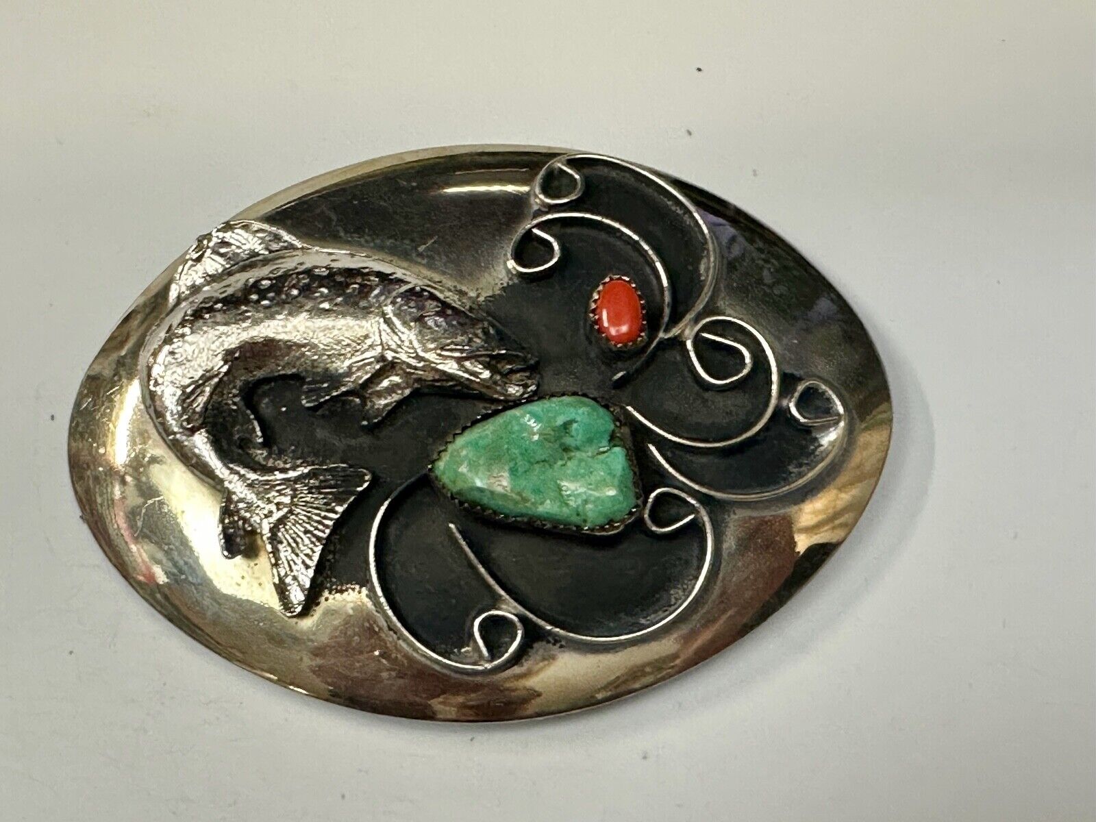 Bass Fish - Turquoise & Coral accented Native American Indian Style Belt Buckle