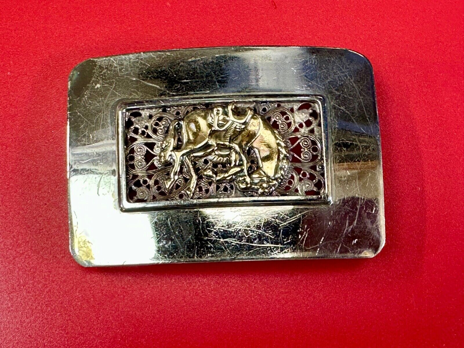 Unique Rodeo Cowboy Horse Saddle Bronc Nickel Silver Mesh Background belt Buckle