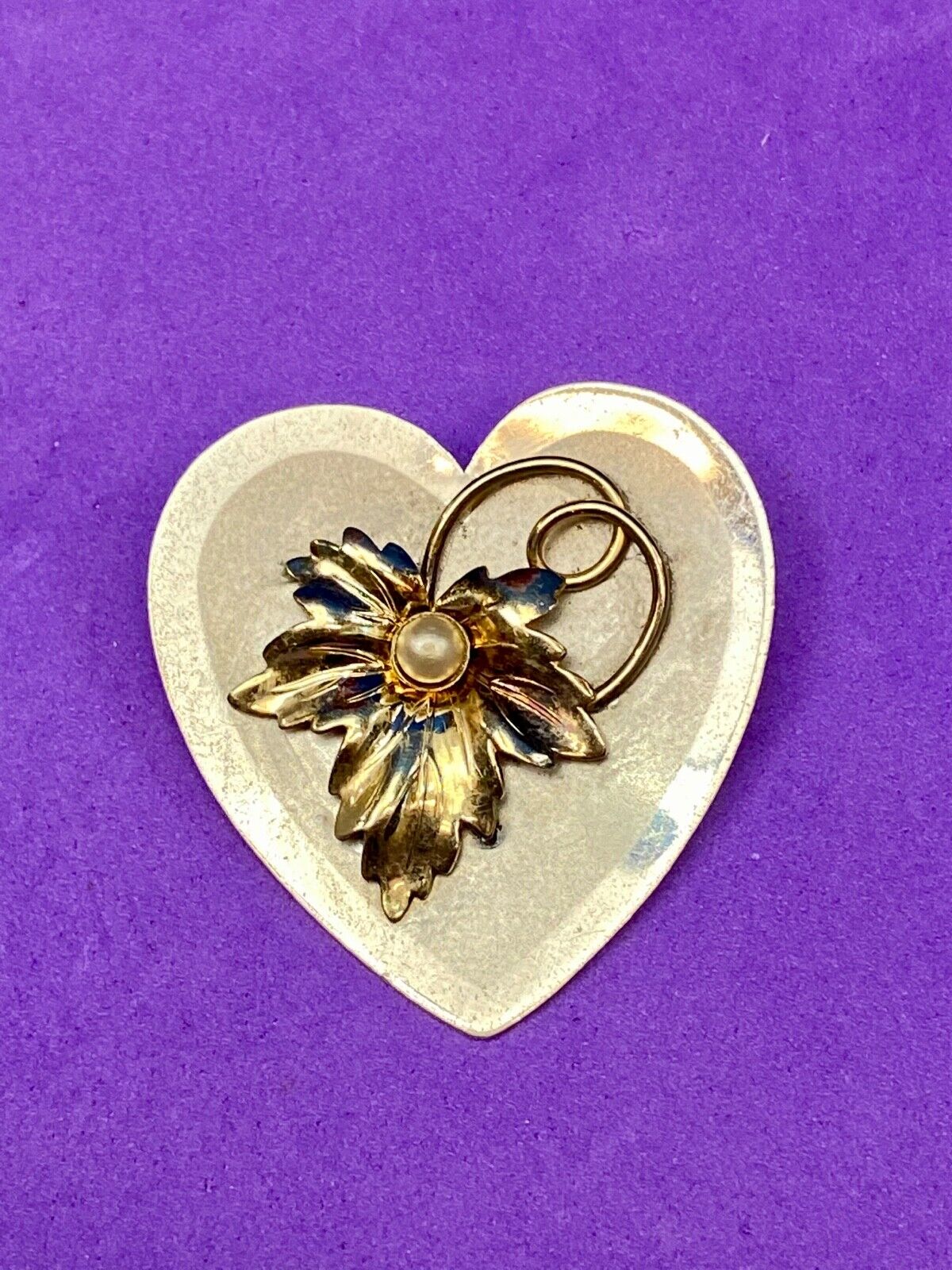 Vintage Heart Shaped Sterling Silver 925 Brooch Pin with Leaf and Pearl 12K GP