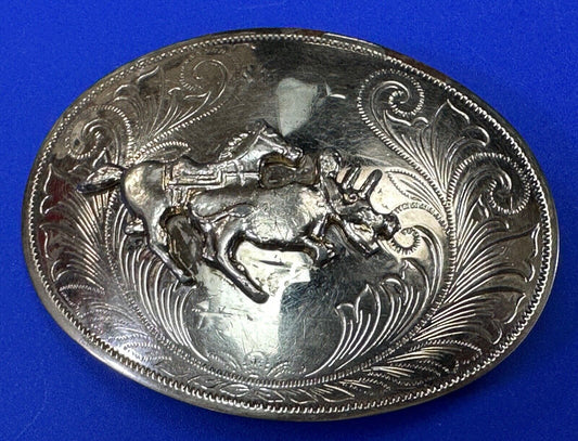 Vintage Cowboy Saddle Bronc western silver tone belt buckle