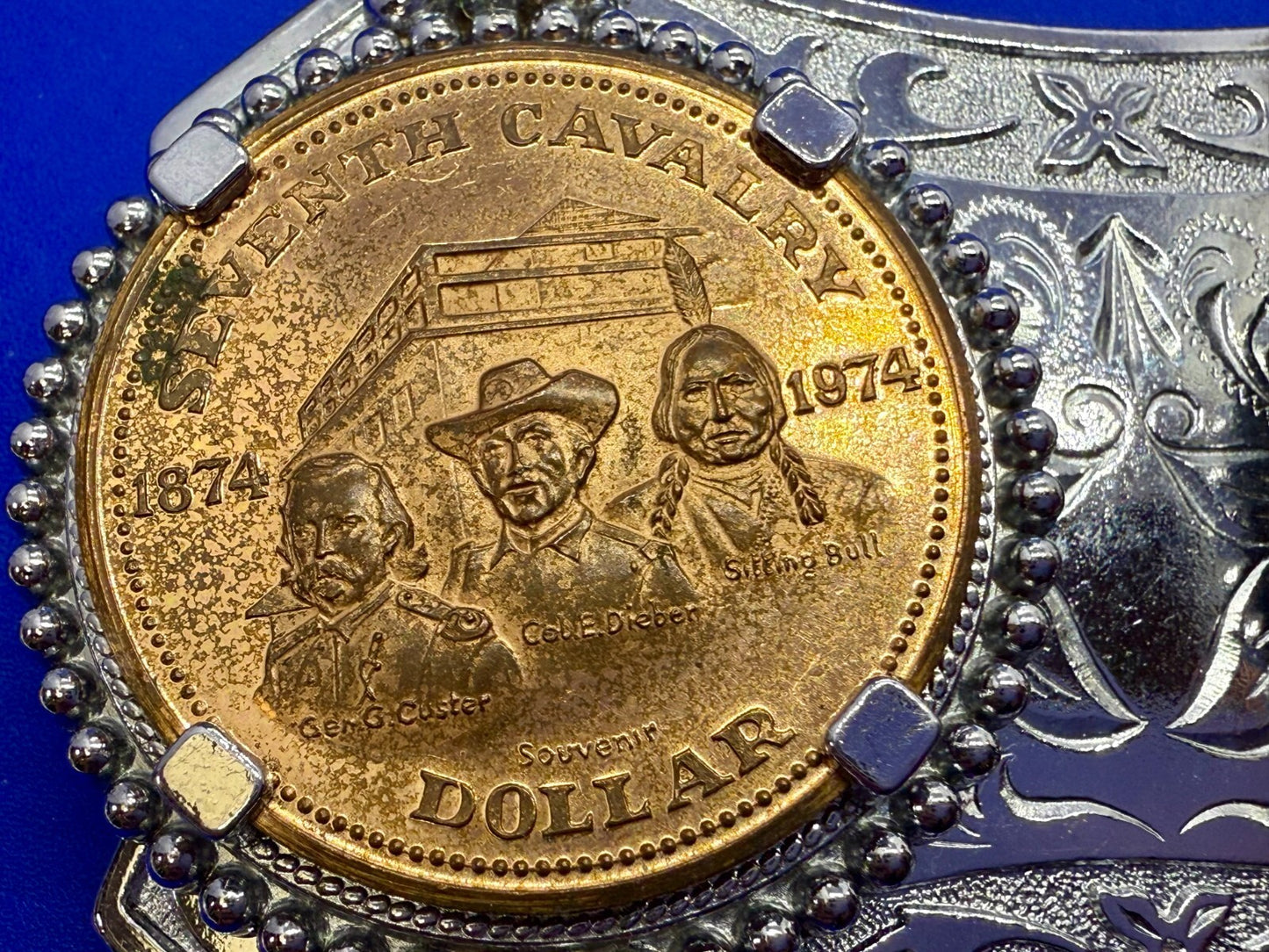 Two Seventh Cavalry Tokens Medallions in Dual Coin Collectors Belt Buckle
